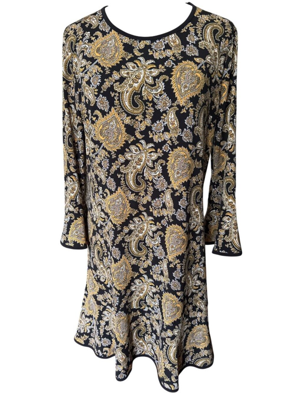 Michael Kors Black & Gold Paisley Print Long Bell Sleeve Dress Size L Flared Hem